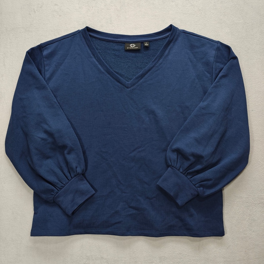 G by Giuliana V-Neck Navy Sweatshirt Women Medium Pullover Puff Sleeves Feminine